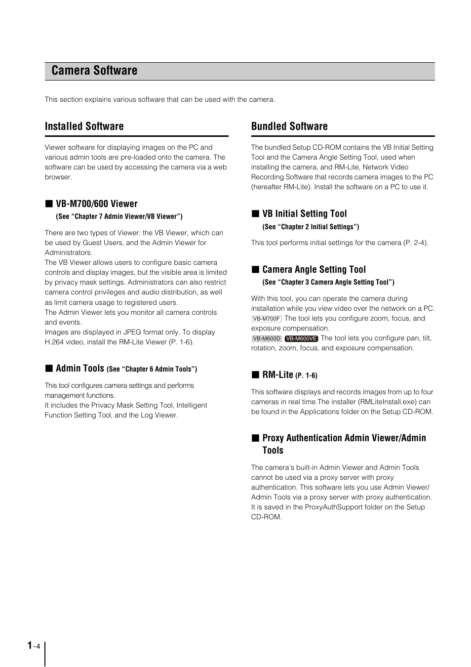 Camera software, Installed software, Bundled software | Camera software -4, Installed software -4, Bundled software -4, Admin tools, Vb initial setting tool, Camera angle setting tool, Rm-lite | Canon VB-M700F User Manual | Page 16 / 145