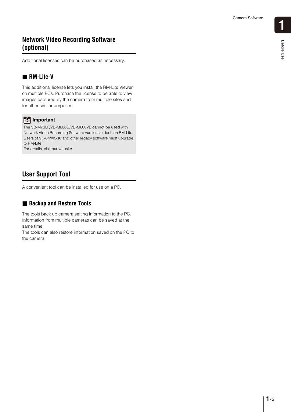 Network video recording software (optional), User support tool, Network video recording software (optional) -5 | User support tool -5 | Canon VB-M700F User Manual | Page 17 / 145