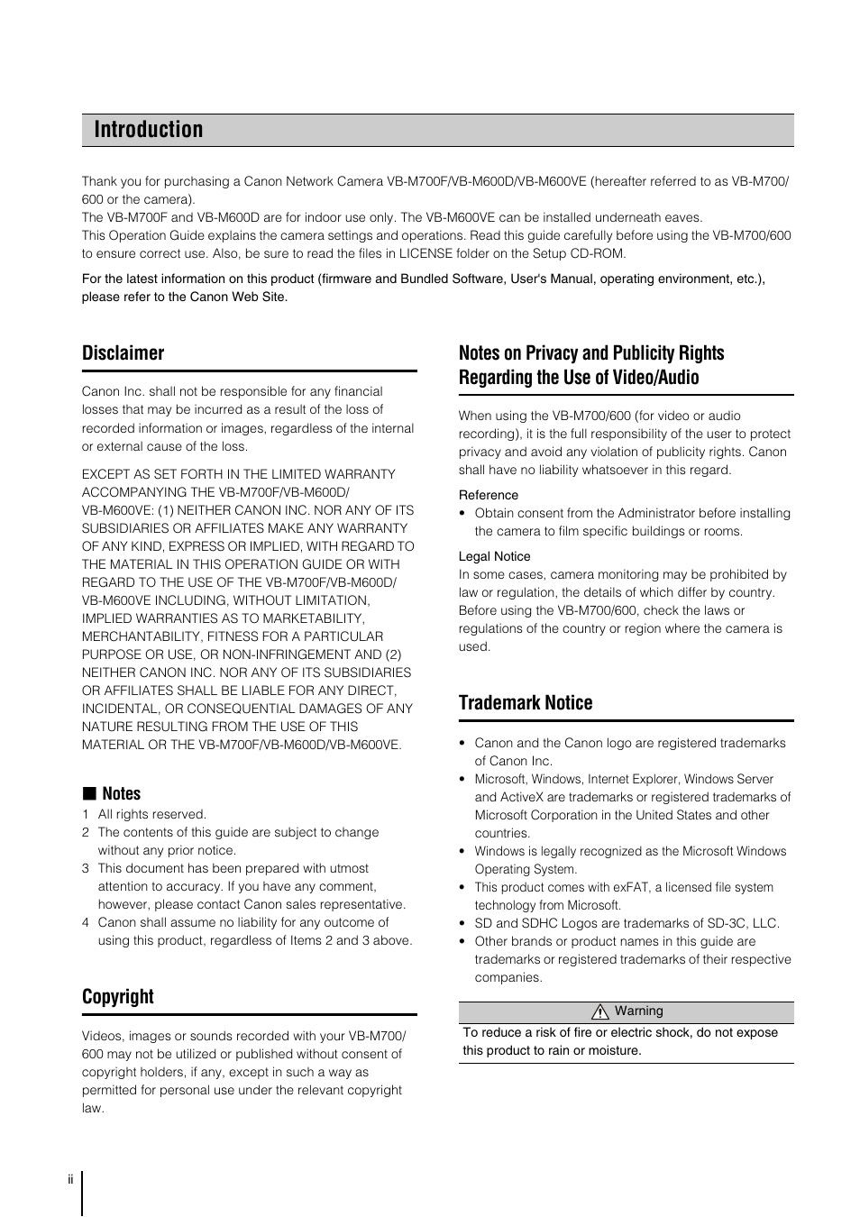 Introduction, Disclaimer, Copyright | Trademark notice | Canon VB-M700F User Manual | Page 2 / 145