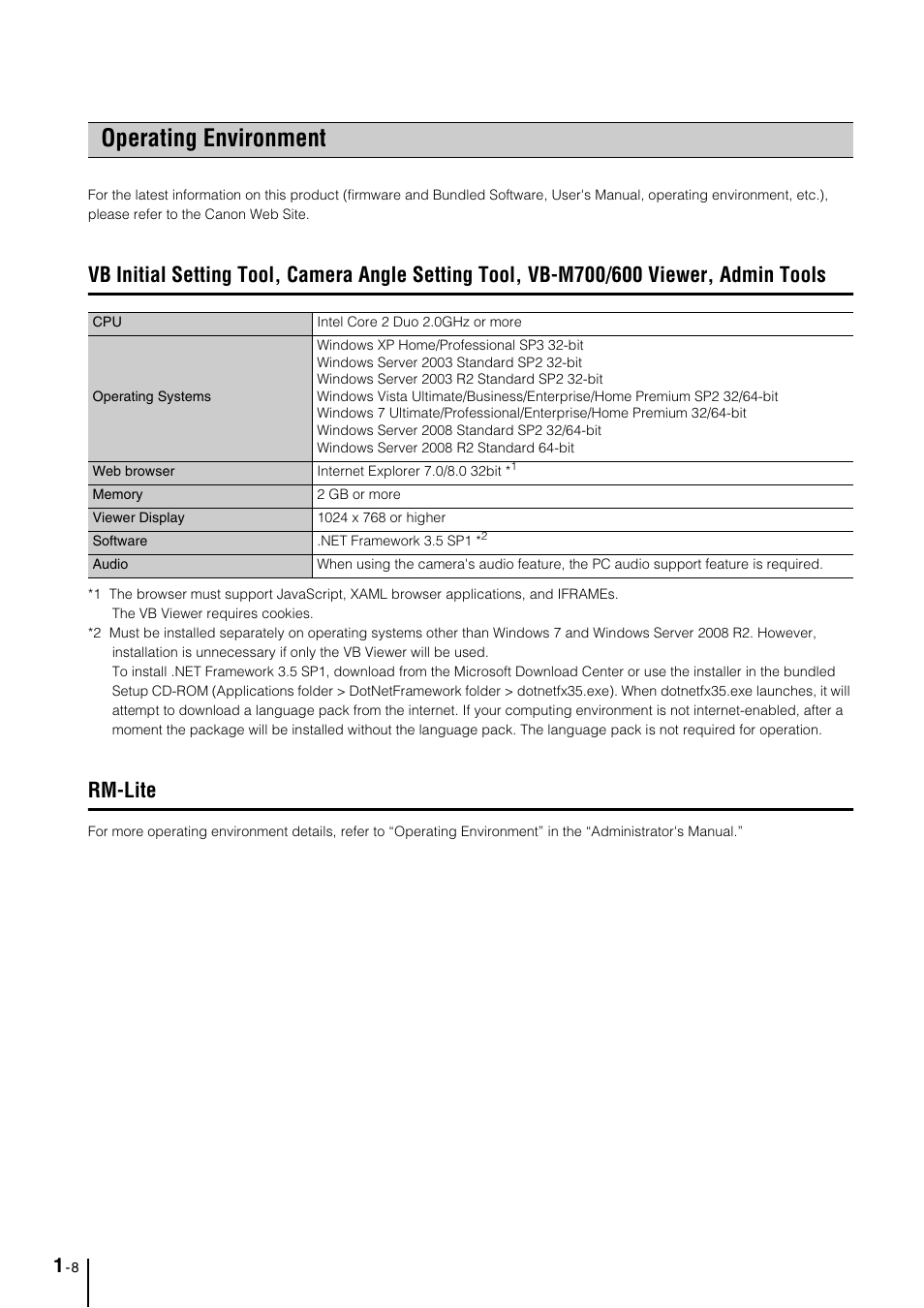 Operating environment, Rm-lite, Operating environment -8 | Admin tools -8, Rm-lite -8 | Canon VB-M700F User Manual | Page 20 / 145