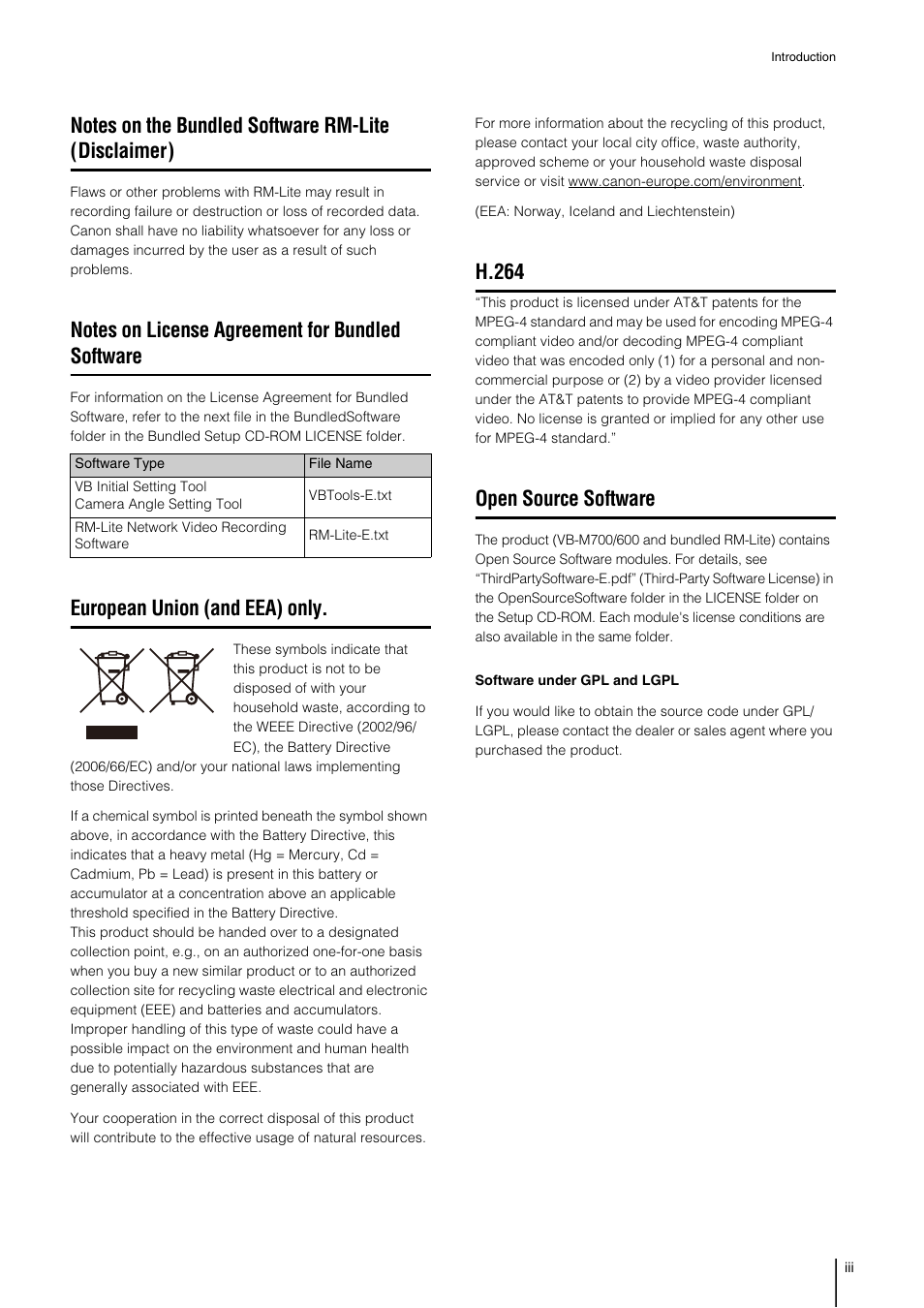 Notes on license agreement for bundled software, European union (and eea) only, H.264 | Open source software | Canon VB-M700F User Manual | Page 3 / 145