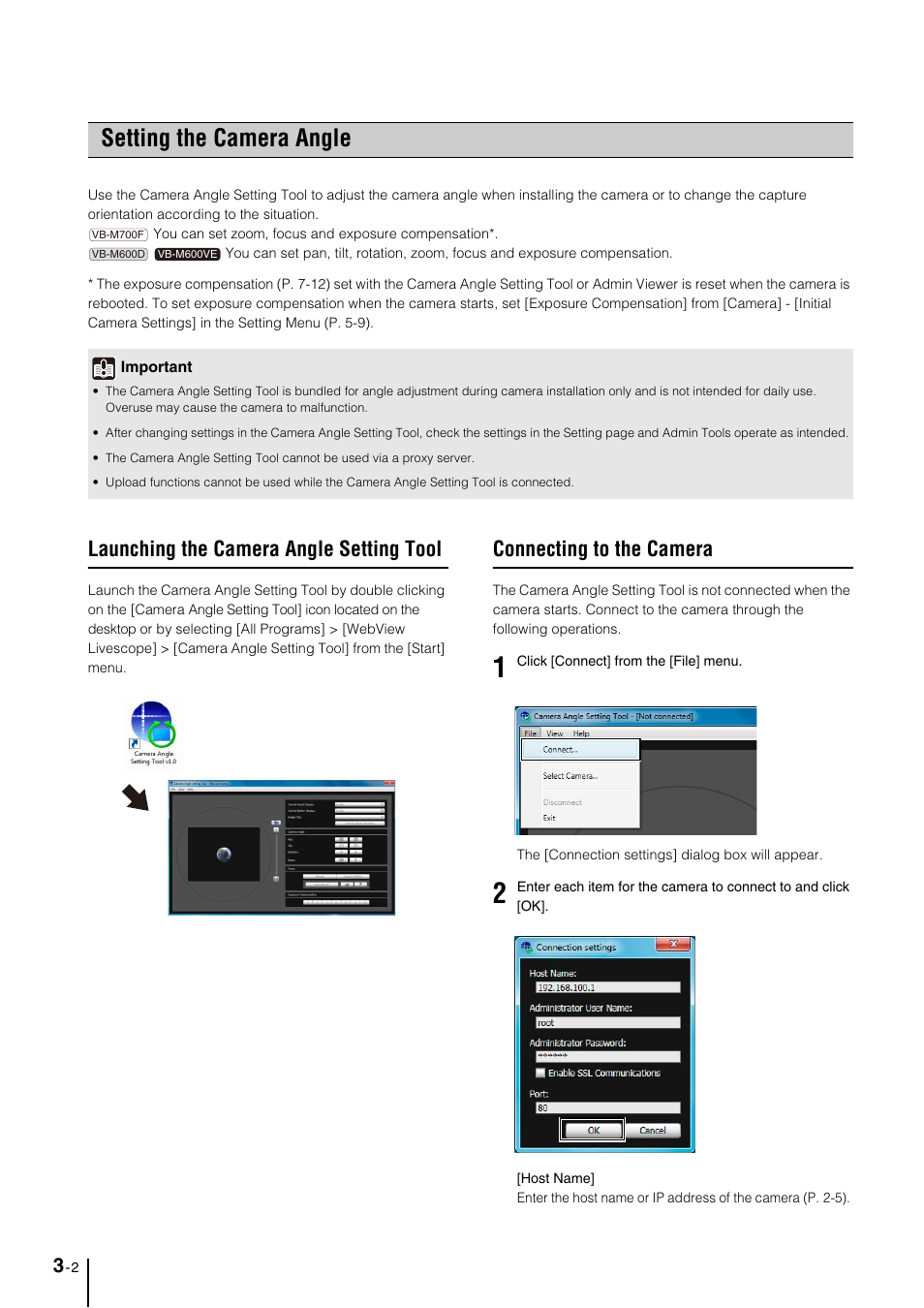 Setting the camera angle, Launching the camera angle setting tool, Connecting to the camera | Setting the camera angle -2, Launching the camera angle setting tool -2, Connecting to the camera -2 | Canon VB-M700F User Manual | Page 32 / 145