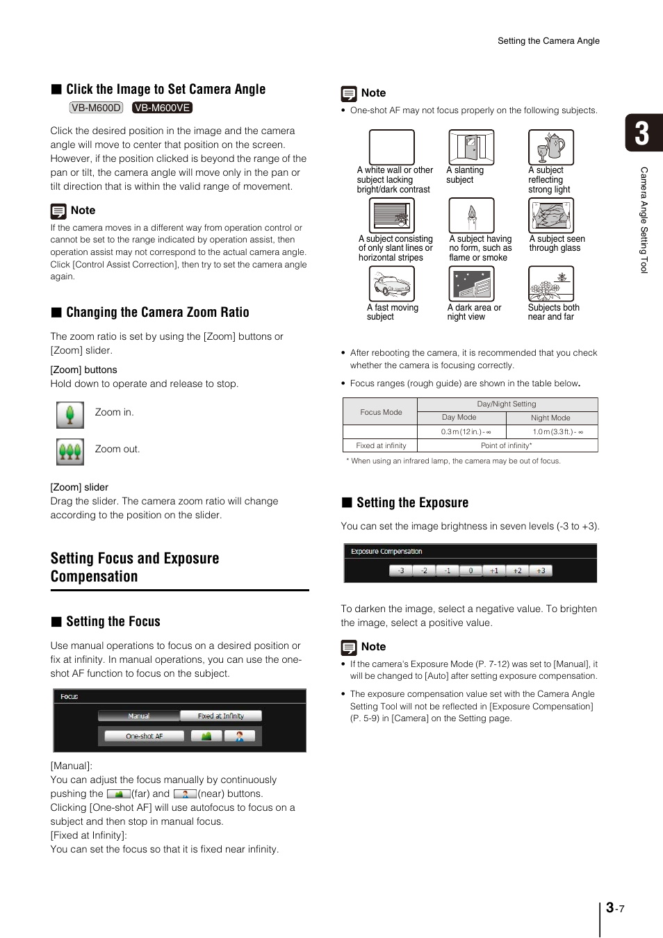 Setting focus and exposure compensation, Setting focus and exposure compensation -7, Click the image to set camera angle | Changing the camera zoom ratio, Setting the focus, Setting the exposure | Canon VB-M700F User Manual | Page 37 / 145