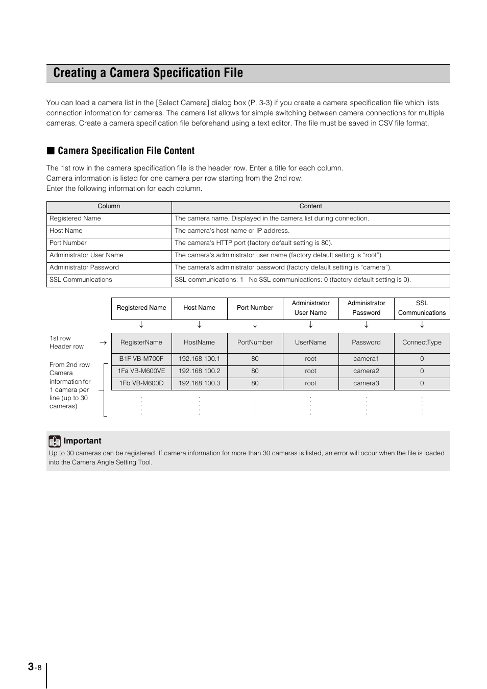 Creating a camera specification file, Creating a camera specification file -8, Creating a camera specification file” (p. 3-8) | Camera specification file content | Canon VB-M700F User Manual | Page 38 / 145