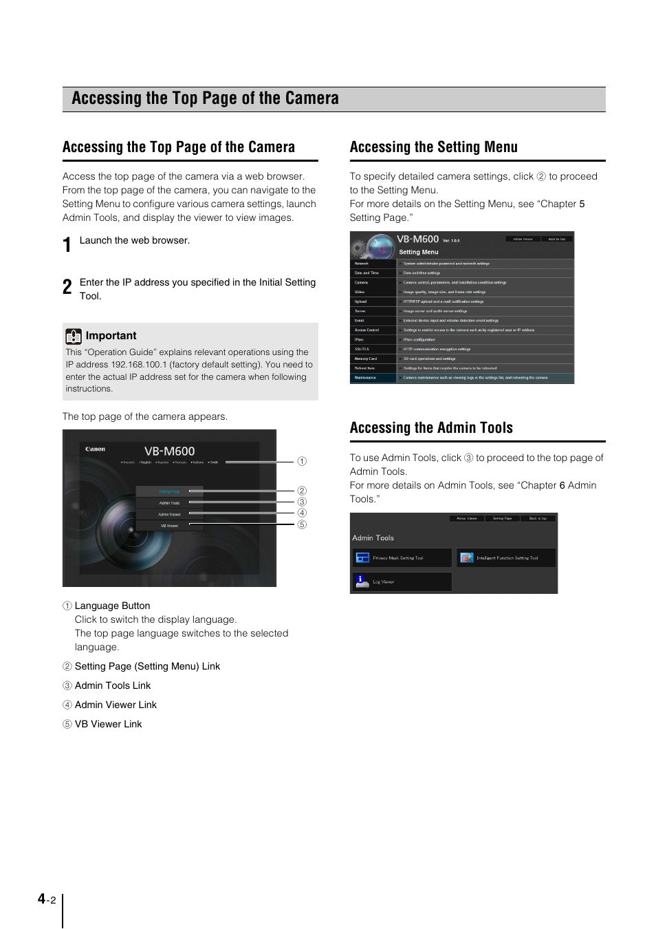 Accessing the setting menu, Accessing the admin tools, Accessing the setting menu -2 | Accessing the admin tools -2, Accessing the top page of the camera | Canon VB-M700F User Manual | Page 42 / 145