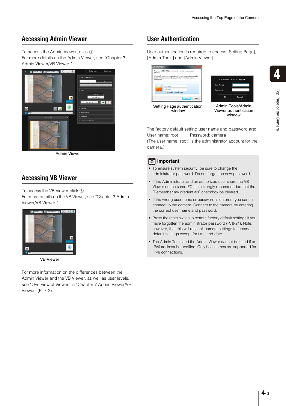 Accessing admin viewer, Accessing vb viewer, User authentication | Accessing admin viewer -3, Accessing vb viewer -3, User authentication -3 | Canon VB-M700F User Manual | Page 43 / 145