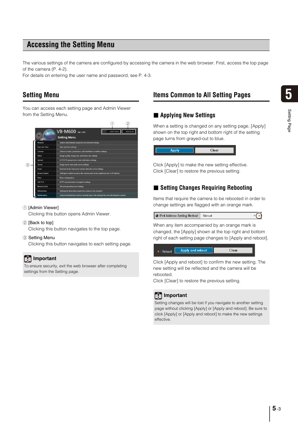 Accessing the setting menu, Setting menu, Accessing the setting menu -3 | Setting menu -3, Items common to all setting pages, Applying new settings, Setting changes requiring rebooting | Canon VB-M700F User Manual | Page 47 / 145