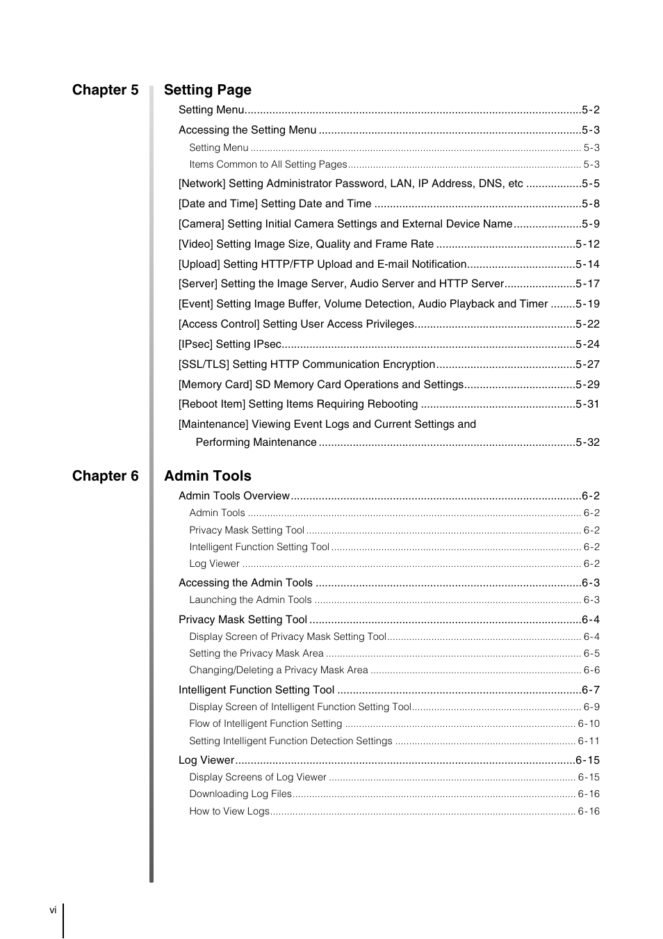 Chapter 5 setting page, Chapter 6 admin tools | Canon VB-M700F User Manual | Page 6 / 145