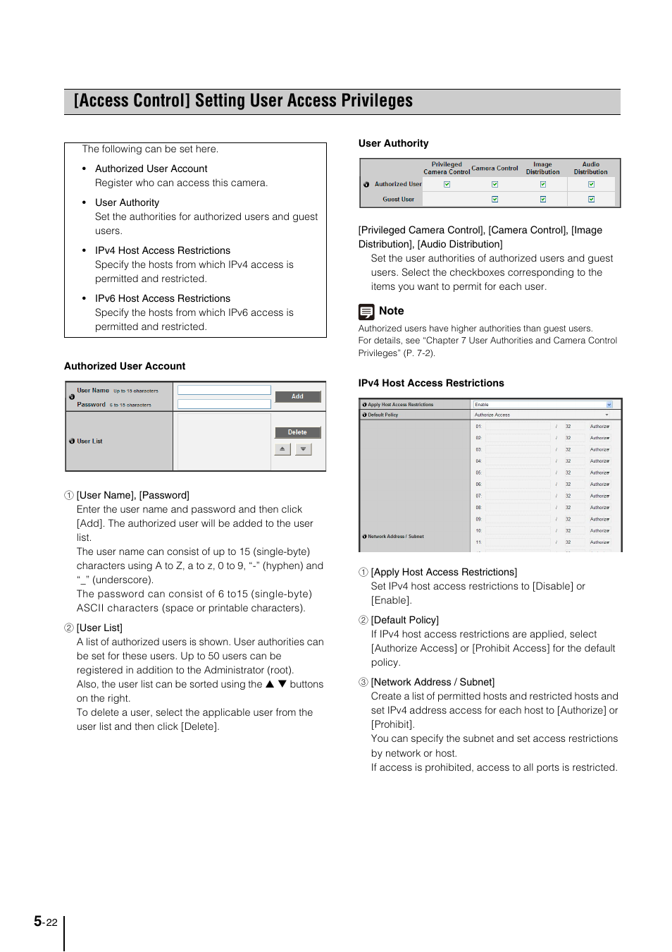 Access control] setting user access privileges, Access control] setting user access privileges -22, Gs (p. 5-22) | Canon VB-M700F User Manual | Page 66 / 145