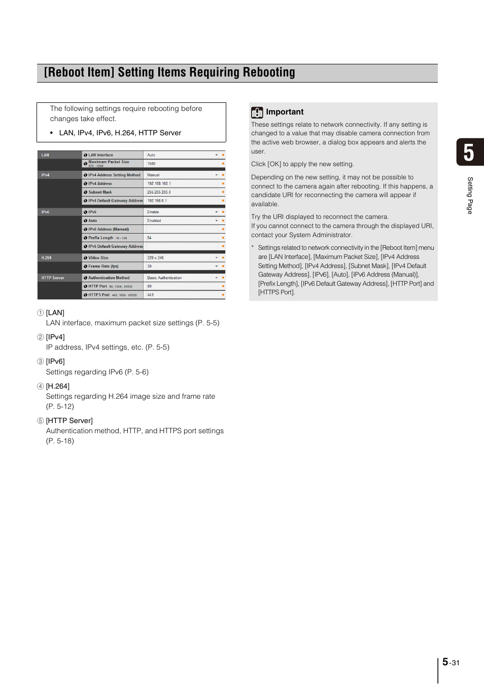 Reboot item] setting items requiring rebooting, Reboot item] setting items requiring rebooting -31, Reboot item) (p. 5-31) | P. 5-31) | Canon VB-M700F User Manual | Page 75 / 145