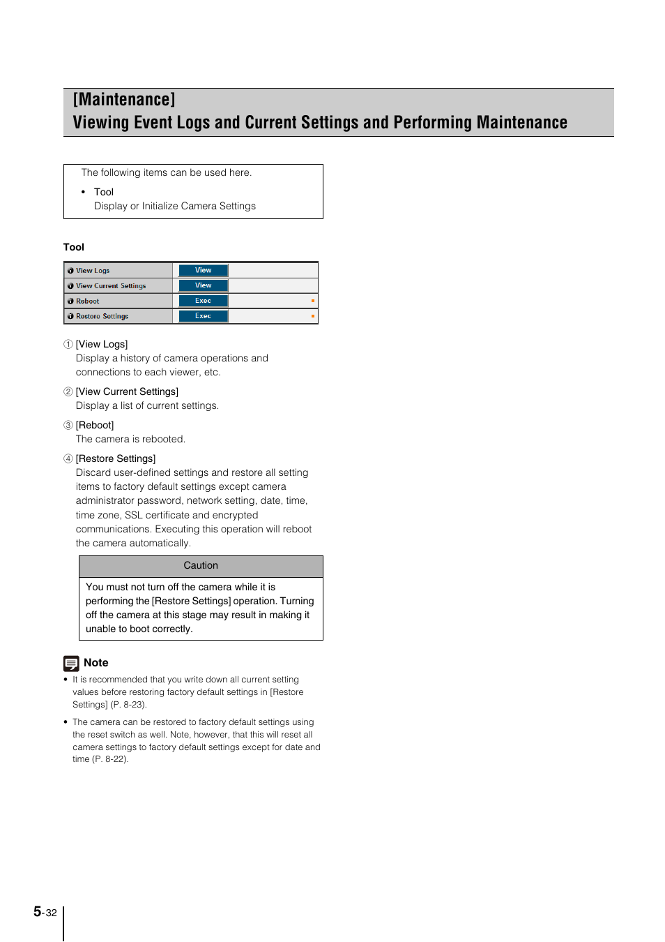 Performing maintenance -32, Tool” (p. 5-32) in the setti, P. 5-32) | Ars (p. 5-32), In the event log (p. 5-32) | Canon VB-M700F User Manual | Page 76 / 145