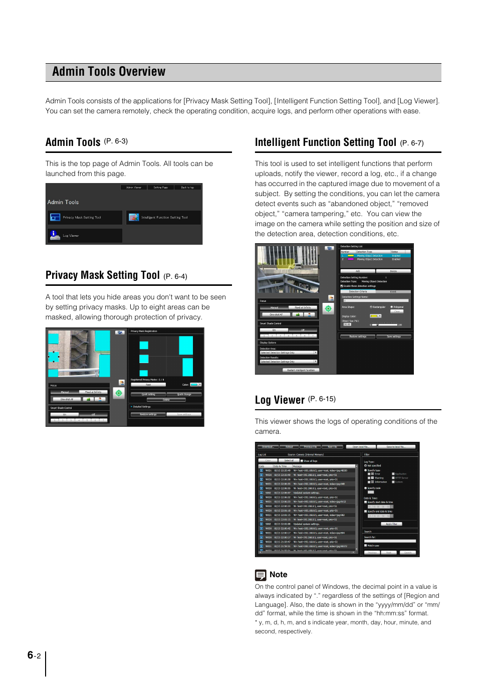 Admin tools overview, Admin tools, Privacy mask setting tool | Intelligent function setting tool, Log viewer, Admin tools overview -2, Admin tools -2, Privacy mask setting tool -2, Intelligent function setting tool -2, Log viewer -2 | Canon VB-M700F User Manual | Page 78 / 145