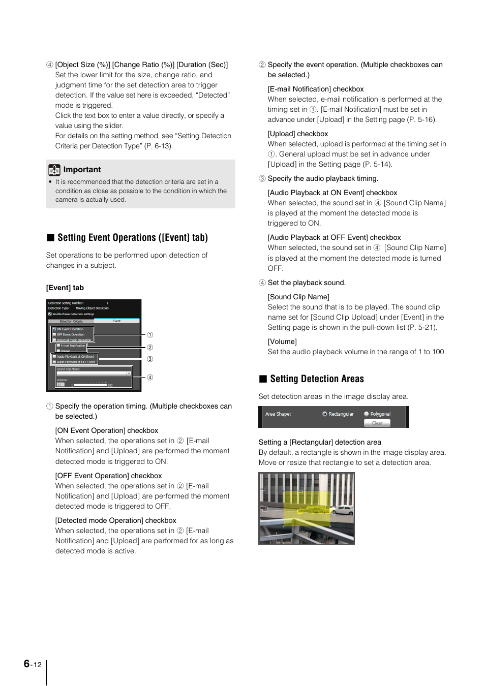 Mode operation] (p. 6-12), R (p. 6-12, P. 6-12 | Setting event operations ([event] tab), Setting detection areas | Canon VB-M700F User Manual | Page 88 / 145