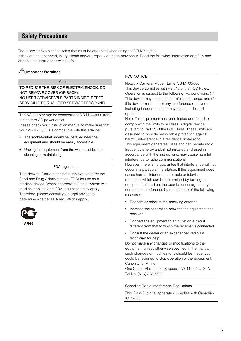 Safety precautions | Canon VB-M700F User Manual | Page 9 / 145