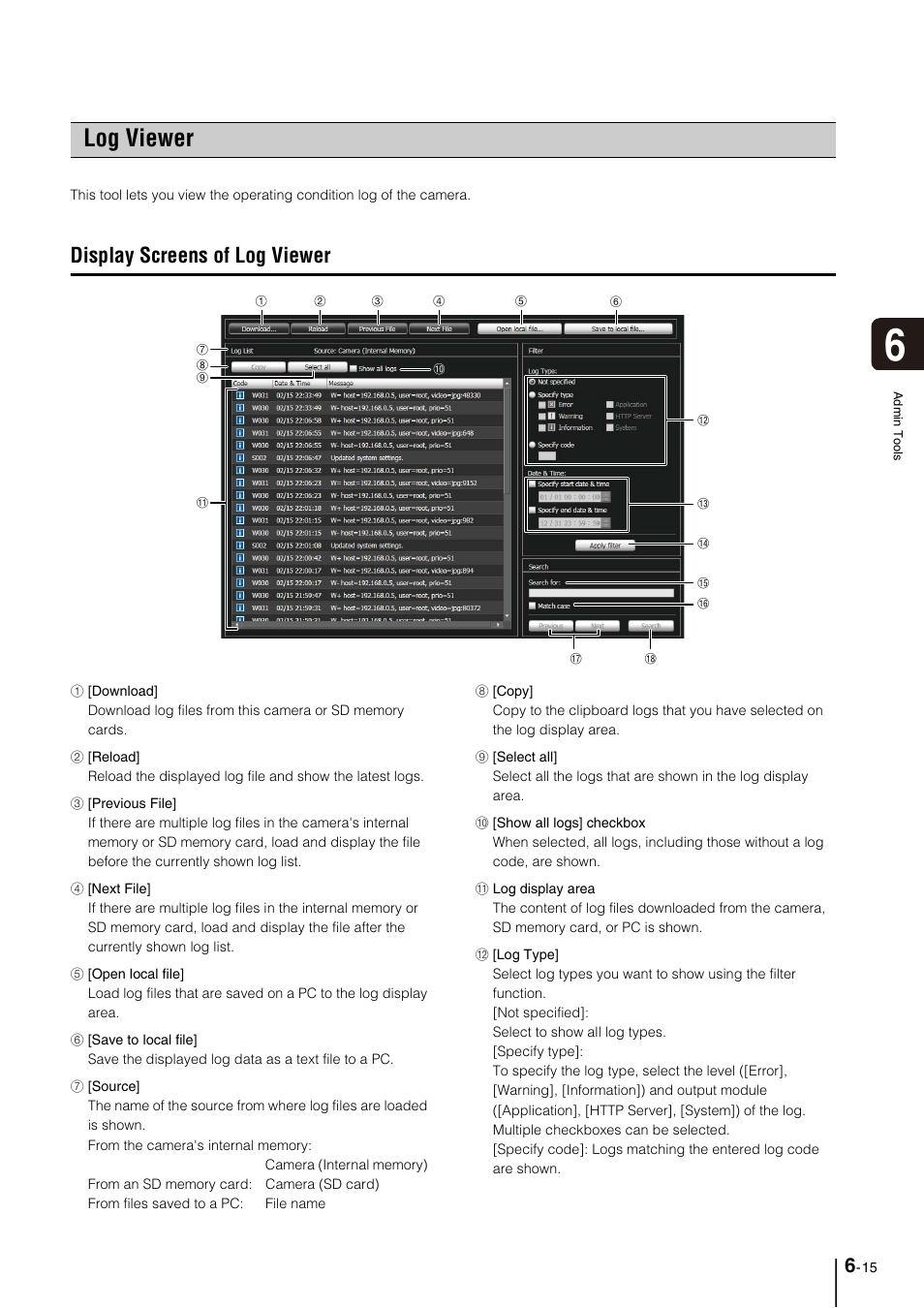 Log viewer, Display screens of log viewer, Log viewer -15 | Display screens of log viewer -15, Log viewer” (p. 6-15) | Canon VB-M700F User Manual | Page 91 / 145