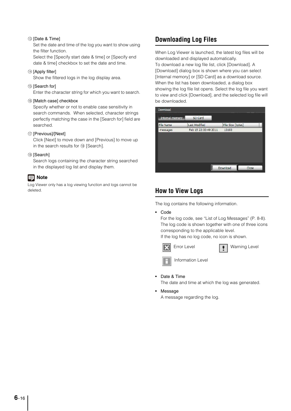 Downloading log files, How to view logs, Downloading log files -16 | How to view logs -16 | Canon VB-M700F User Manual | Page 92 / 145