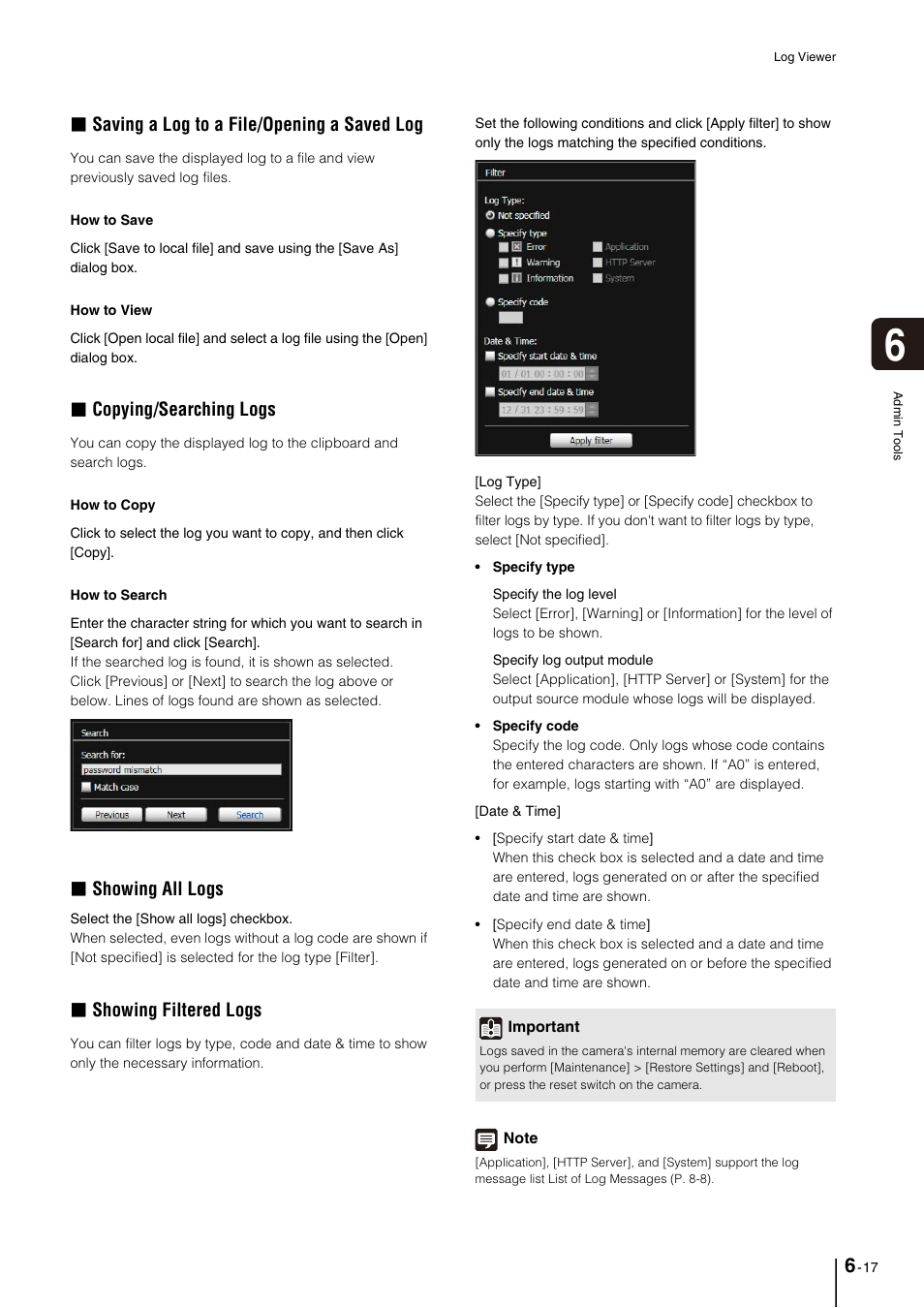 Saving a log to a file/opening a saved log, Copying/searching logs, Showing all logs | Showing filtered logs | Canon VB-M700F User Manual | Page 93 / 145