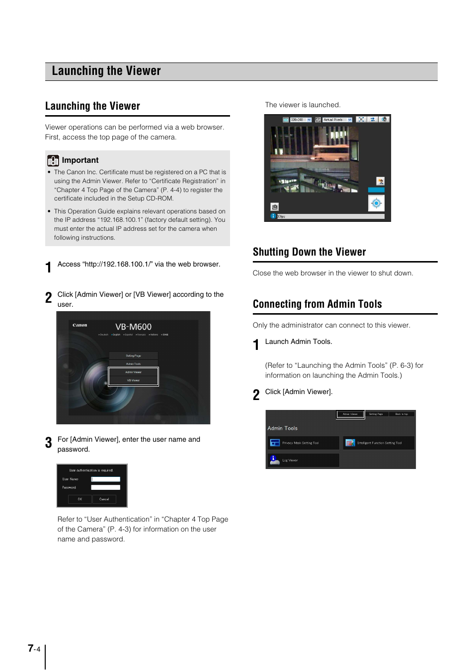 Launching the viewer, Shutting down the viewer, Connecting from admin tools | Launching the viewer -4, Shutting down the viewer -4, Connecting from admin tools -4 | Canon VB-M700F User Manual | Page 98 / 145