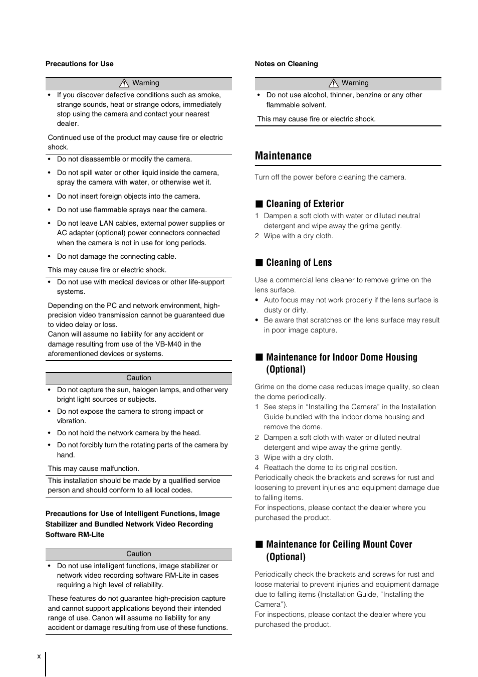 Maintenance, Cleaning of exterior, Cleaning of lens | Maintenance for indoor dome housing (optional), Maintenance for ceiling mount cover (optional) | Canon VB-M40 User Manual | Page 10 / 149