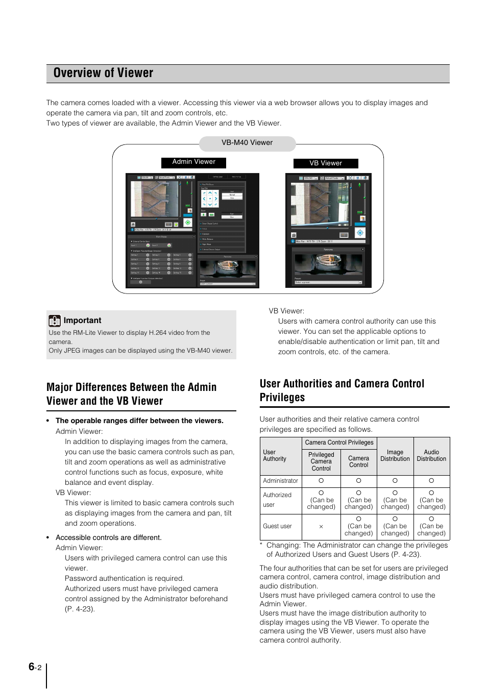 Overview of viewer, User authorities and camera control privileges, Overview of viewer -2 | User authorities and camera control privileges -2, Overview of viewer” (p. 6-2) i | Canon VB-M40 User Manual | Page 100 / 149
