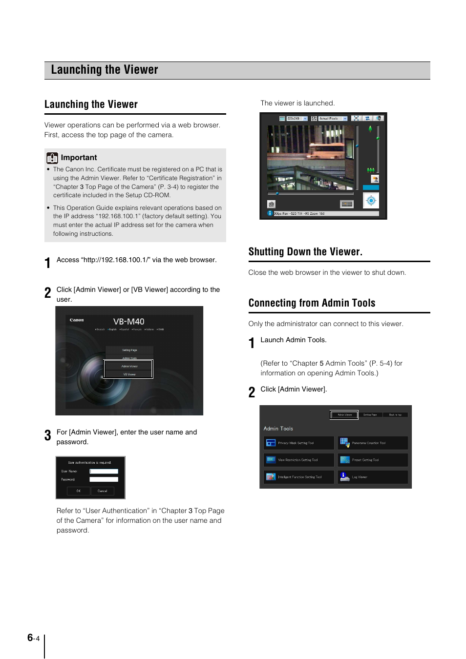 Launching the viewer, Shutting down the viewer, Connecting from admin tools | Launching the viewer -4, Shutting down the viewer -4, Connecting from admin tools -4 | Canon VB-M40 User Manual | Page 102 / 149