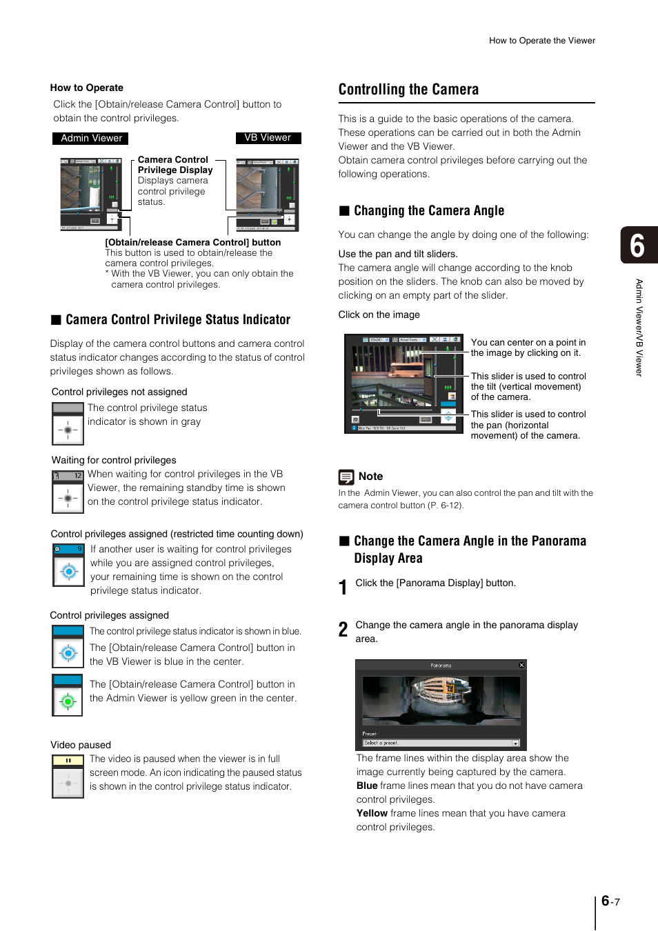 Controlling the camera, Controlling the camera -7, Camera control privilege status indicator | Changing the camera angle | Canon VB-M40 User Manual | Page 105 / 149
