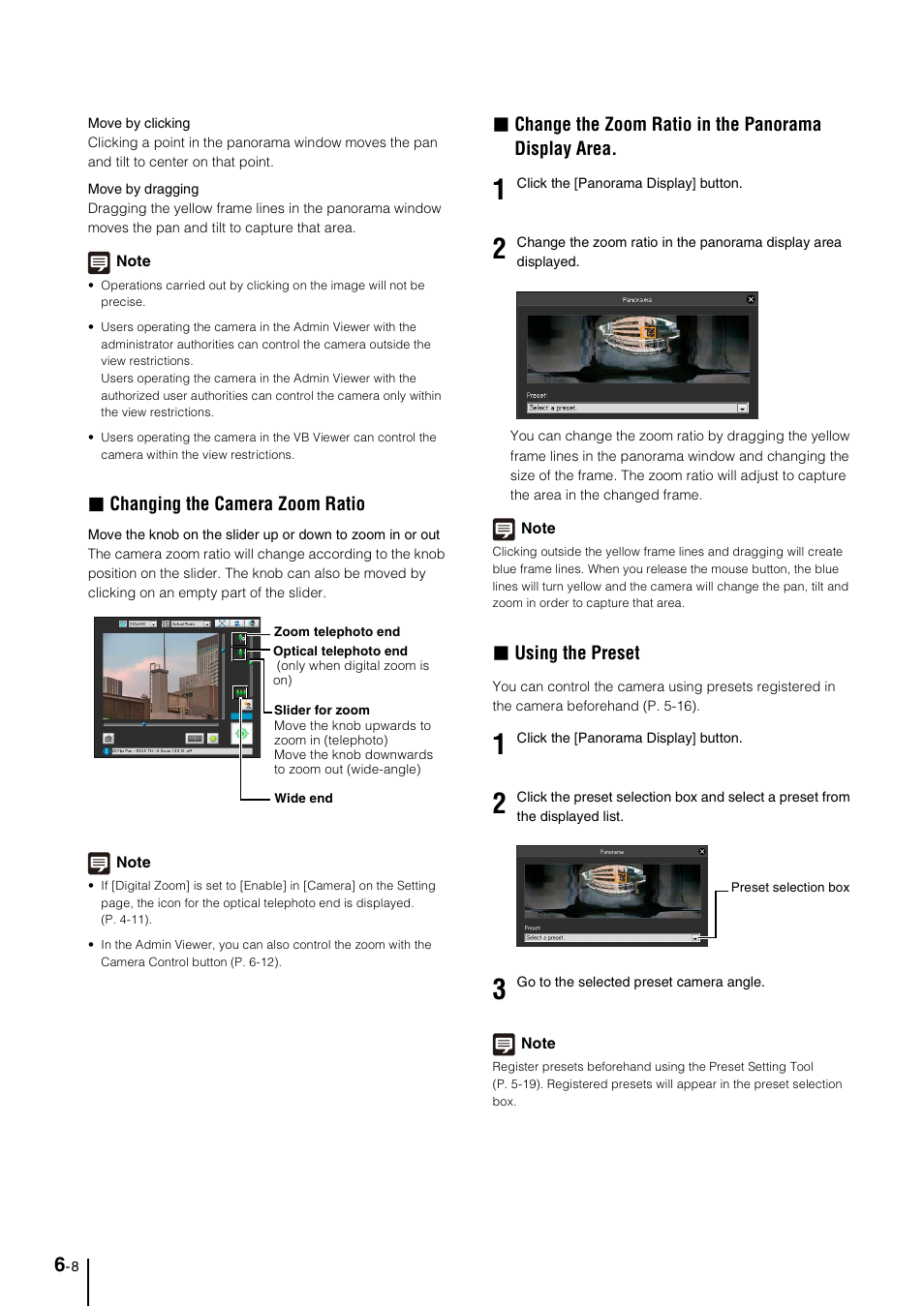 Changing the camera zoom ratio, Change the zoom ratio in the panorama display area, Using the preset | Canon VB-M40 User Manual | Page 106 / 149