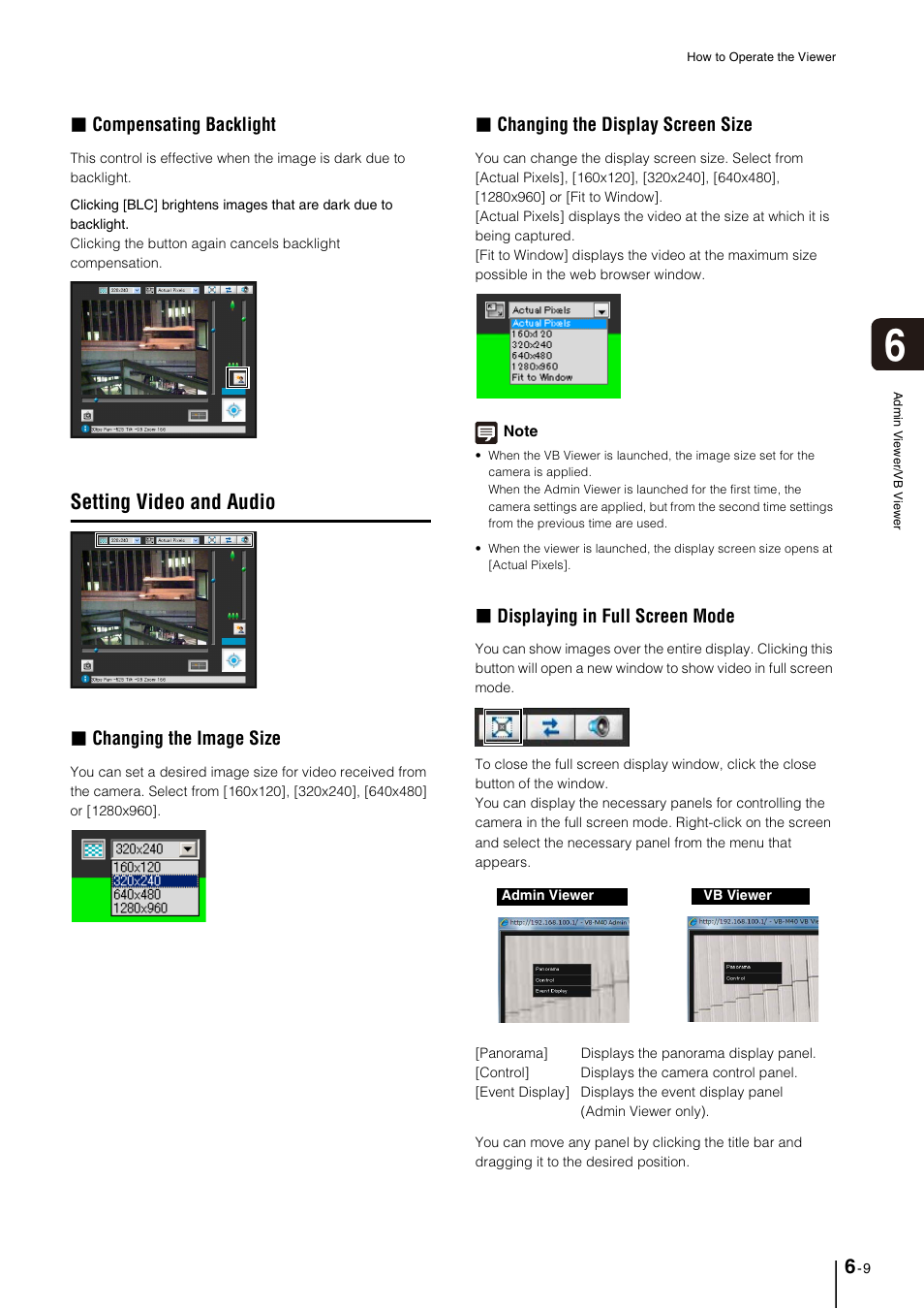 Setting video and audio, Setting video and audio -9, Compensating backlight | Changing the image size, Changing the display screen size, Displaying in full screen mode | Canon VB-M40 User Manual | Page 107 / 149