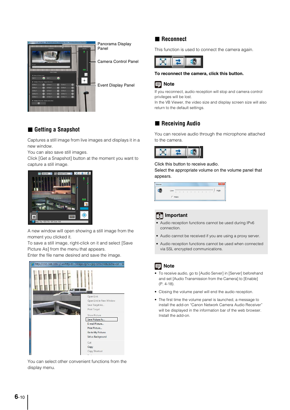 Getting a snapshot, Reconnect, Receiving audio | Canon VB-M40 User Manual | Page 108 / 149