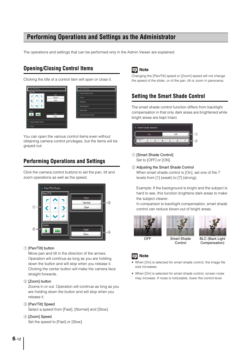 Opening/closing control items, Performing operations and settings, Setting the smart shade control | Opening/closing control items -12, Performing operations and settings -12, Setting the smart shade control -12, P. 6-12), E “setting the smart shade control, P. 6-12 | Canon VB-M40 User Manual | Page 110 / 149