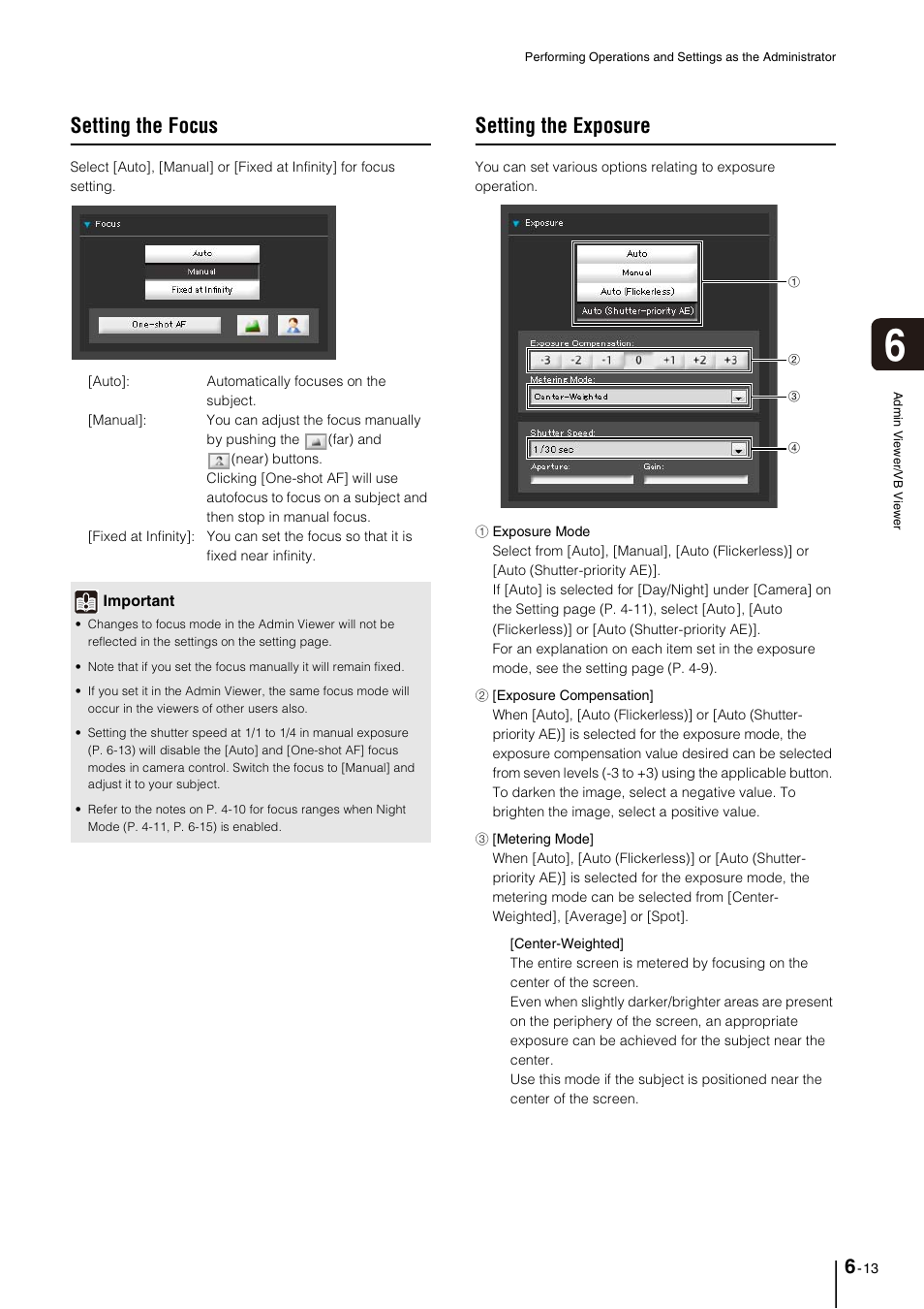 Setting the focus, Setting the exposure, Setting the focus -13 | Setting the exposure -13, P. 6-13), Setting the focus” (p. 6-13), E “setting the focus | Canon VB-M40 User Manual | Page 111 / 149