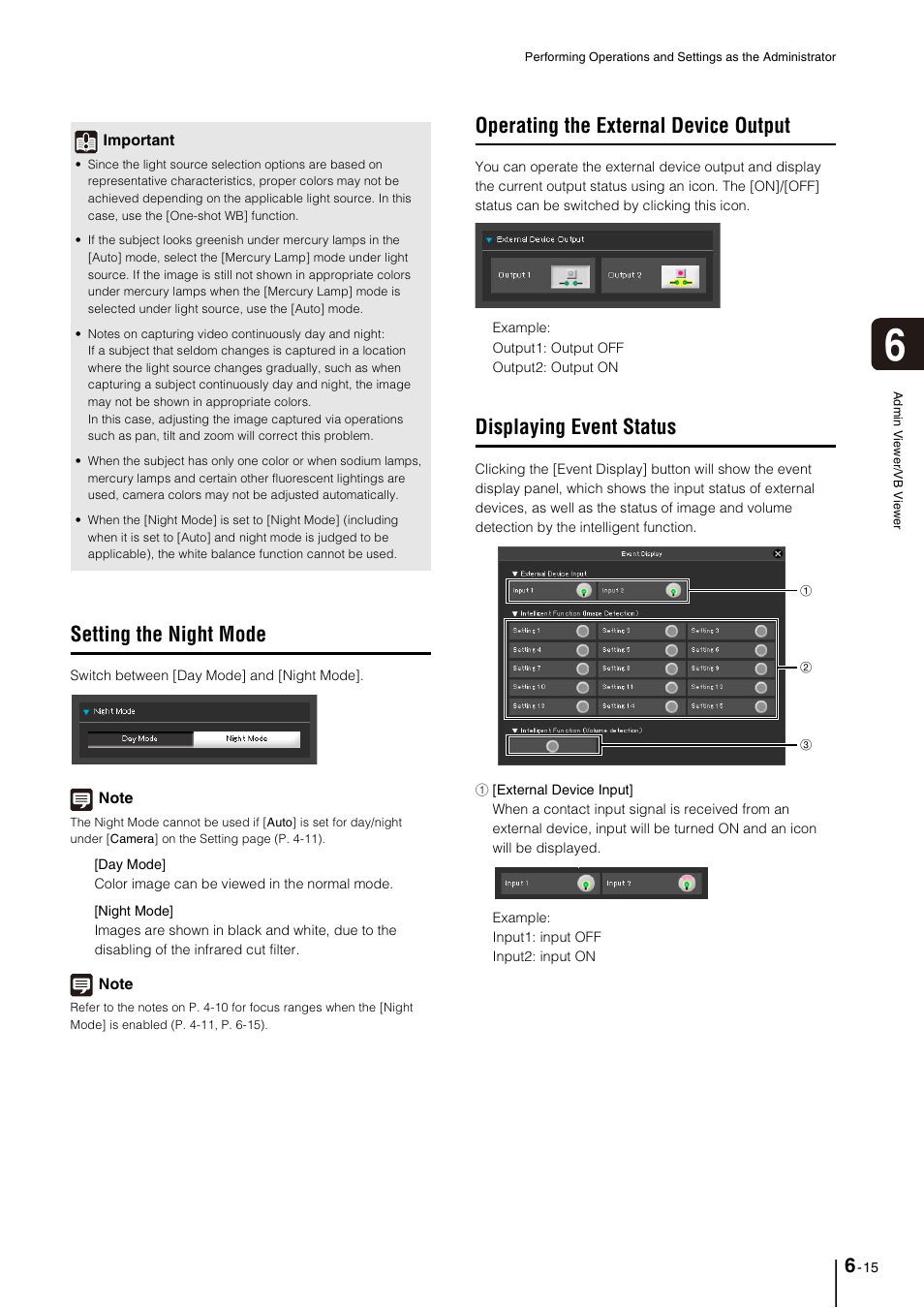 Setting the night mode, Operating the external device output, Displaying event status | Setting the night mode -15, Operating the external device output -15, Displaying event status -15, P. 6-15), P. 6-15, P. 6-15) i | Canon VB-M40 User Manual | Page 113 / 149
