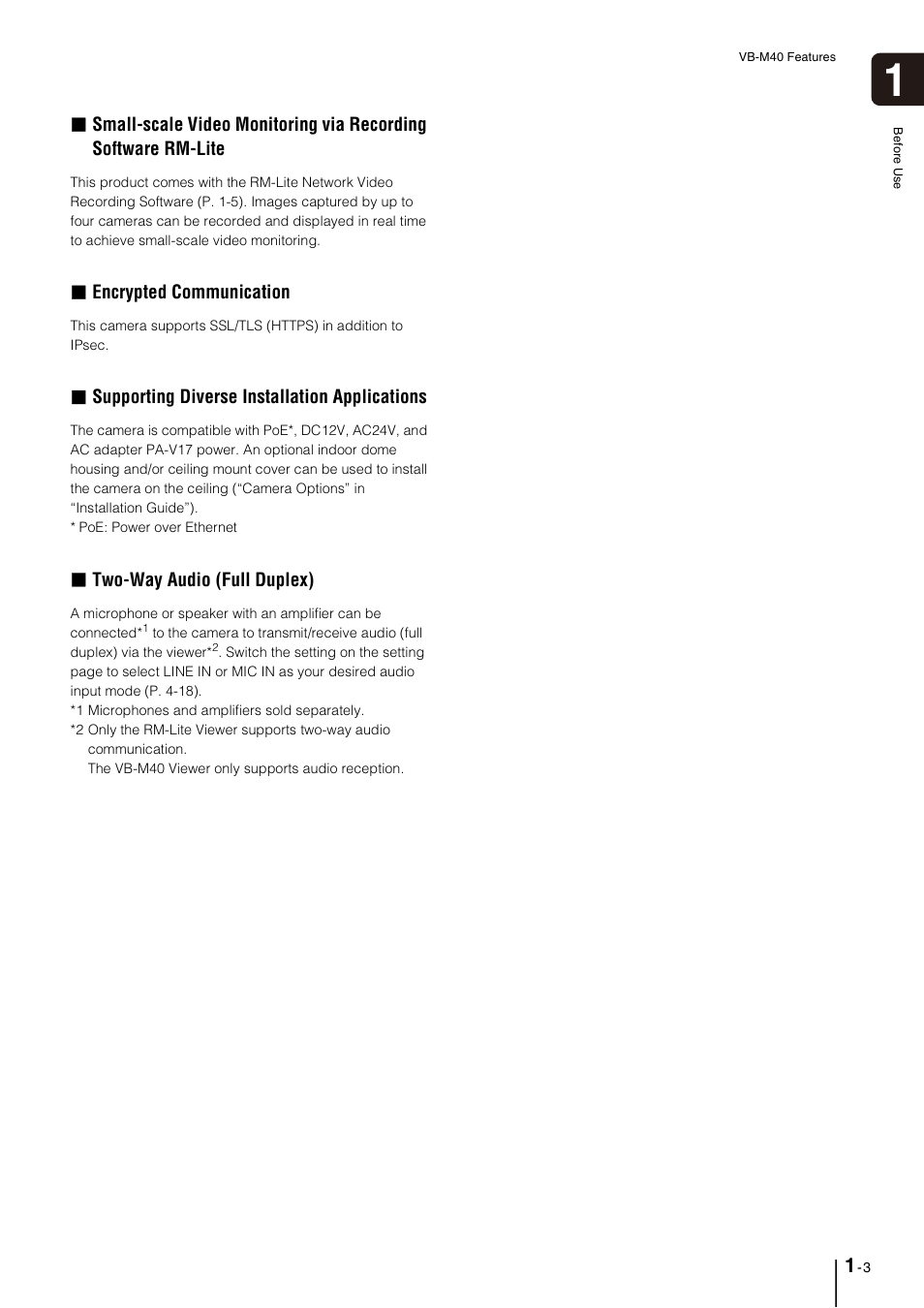 Encrypted communication, Supporting diverse installation applications, Two-way audio (full duplex) | Canon VB-M40 User Manual | Page 13 / 149