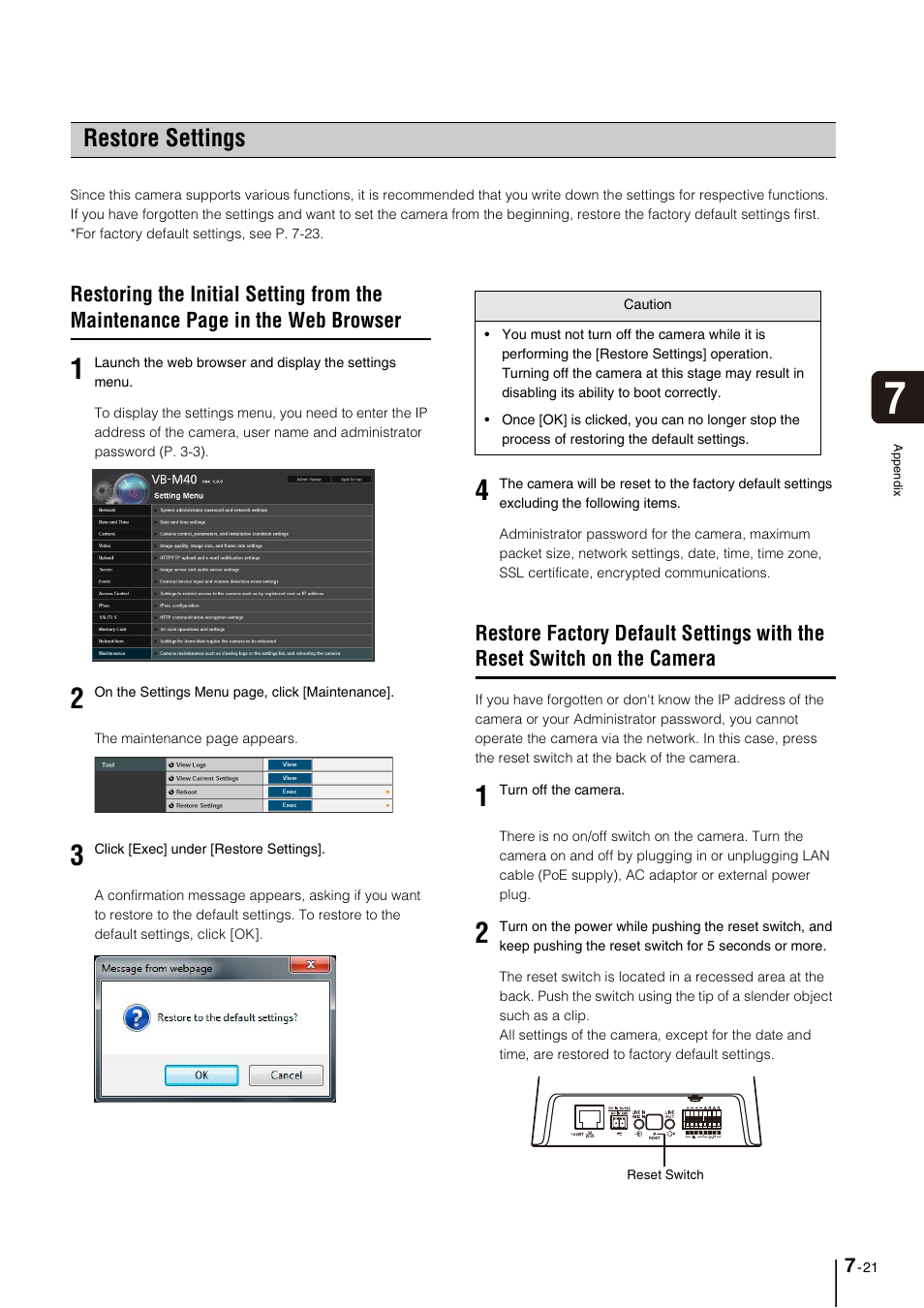 Restore settings, Restore settings -21, P. 7-21) | Canon VB-M40 User Manual | Page 135 / 149