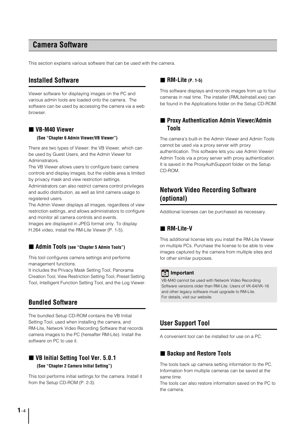 Camera software, Installed software, Bundled software | Network video recording software (optional), User support tool, Camera software -4, Installed software -4, Bundled software -4, Network video recording software (optional) -4, User support tool -4 | Canon VB-M40 User Manual | Page 14 / 149