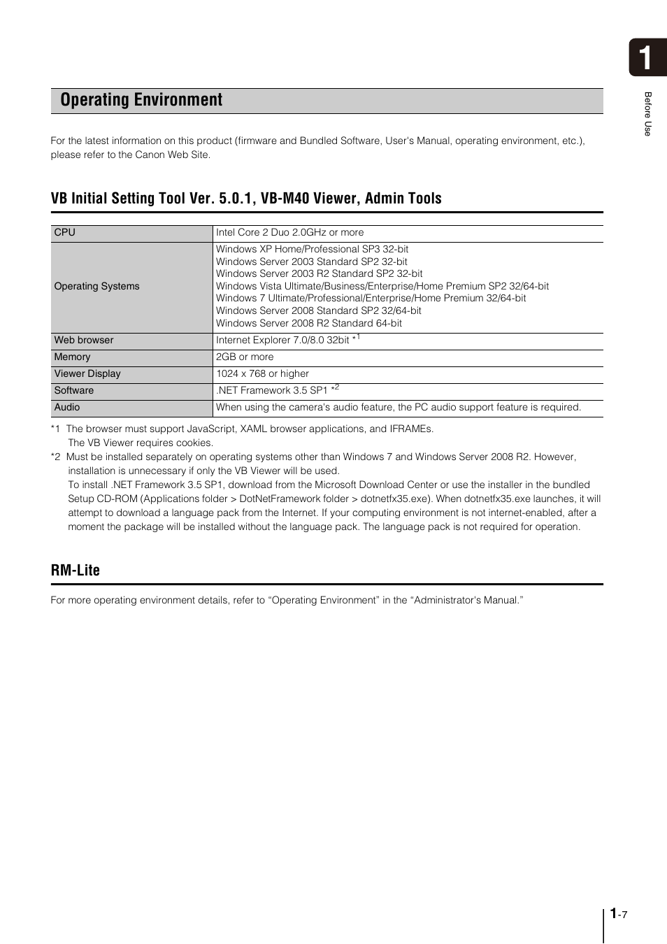 Operating environment, Operating environment -7, Rm-lite | Canon VB-M40 User Manual | Page 17 / 149