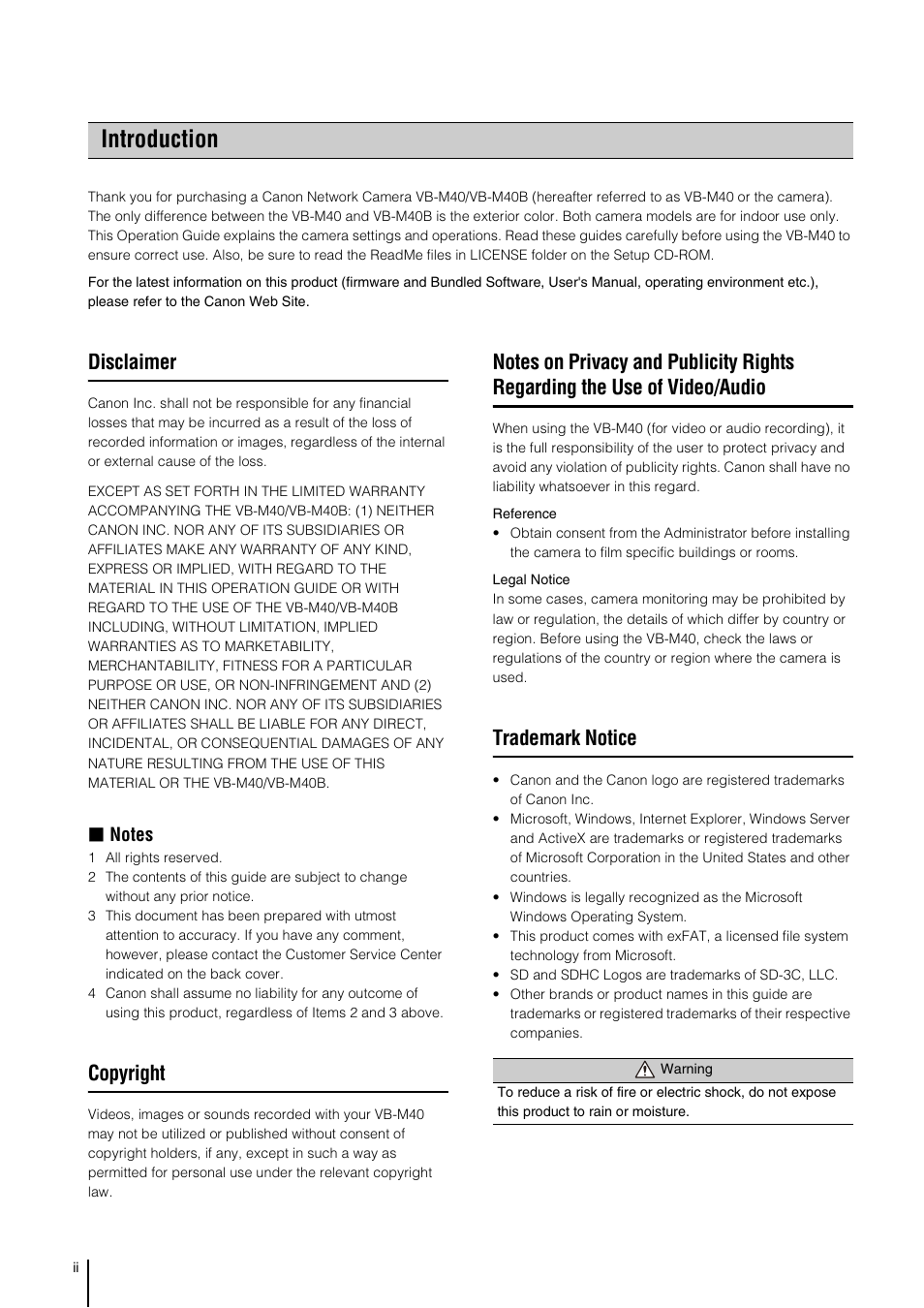 Introduction, Disclaimer, Copyright | Trademark notice | Canon VB-M40 User Manual | Page 2 / 149