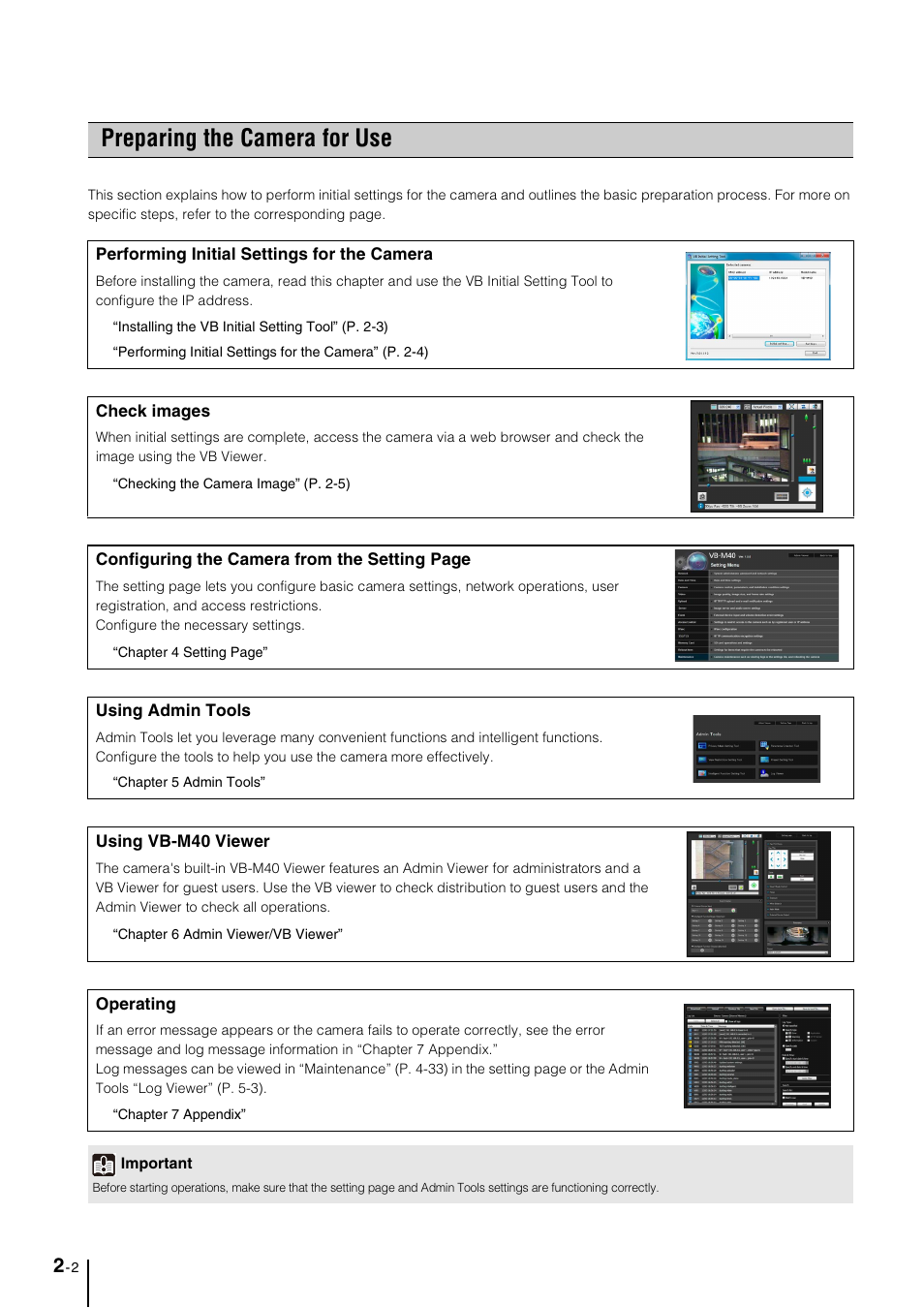 Preparing the camera for use, Preparing the camera for use -2 | Canon VB-M40 User Manual | Page 22 / 149