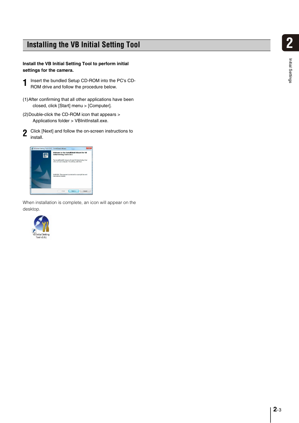 Installing the vb initial setting tool, Installing the vb initial setting tool -3, Installing the vb initial setting tool” (p. 2-3) | Canon VB-M40 User Manual | Page 23 / 149