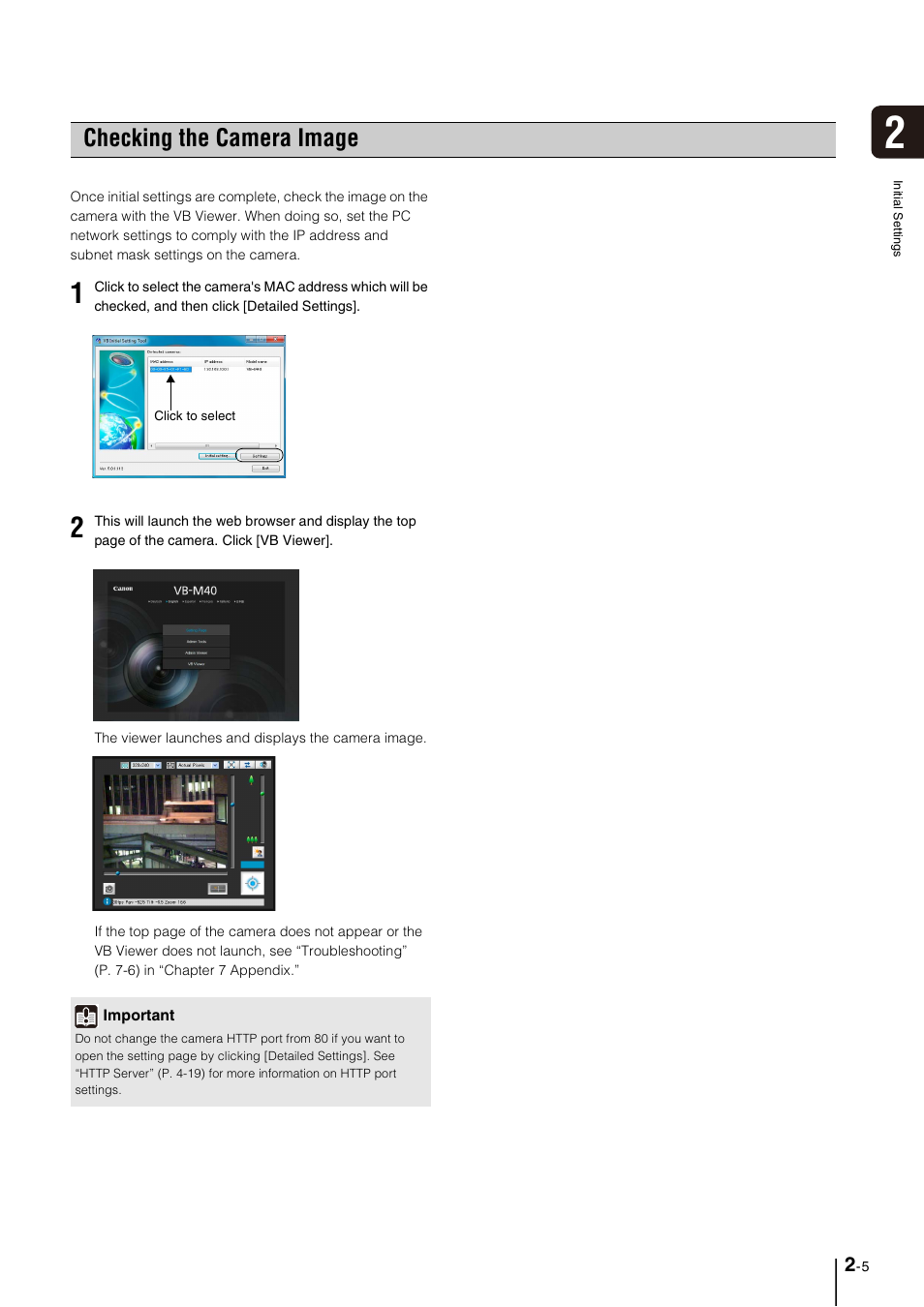 Checking the camera image, Checking the camera image -5, Checking the camera image” (p. 2-5) | Canon VB-M40 User Manual | Page 25 / 149