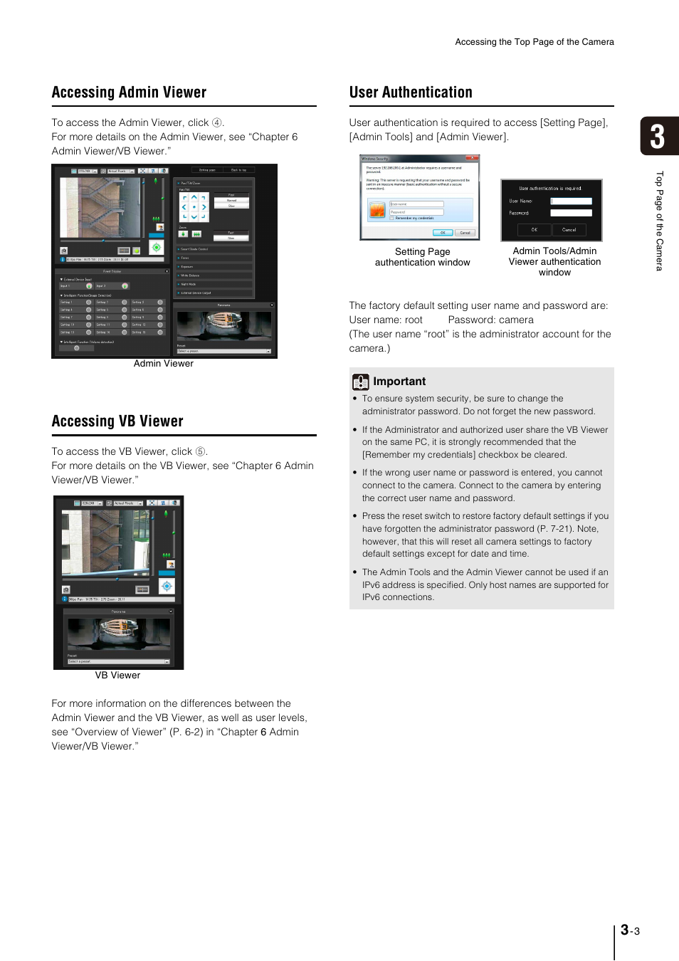 Accessing admin viewer, Accessing vb viewer, User authentication | Accessing admin viewer -3, Accessing vb viewer -3, User authentication -3, P. 3-3 | Canon VB-M40 User Manual | Page 29 / 149