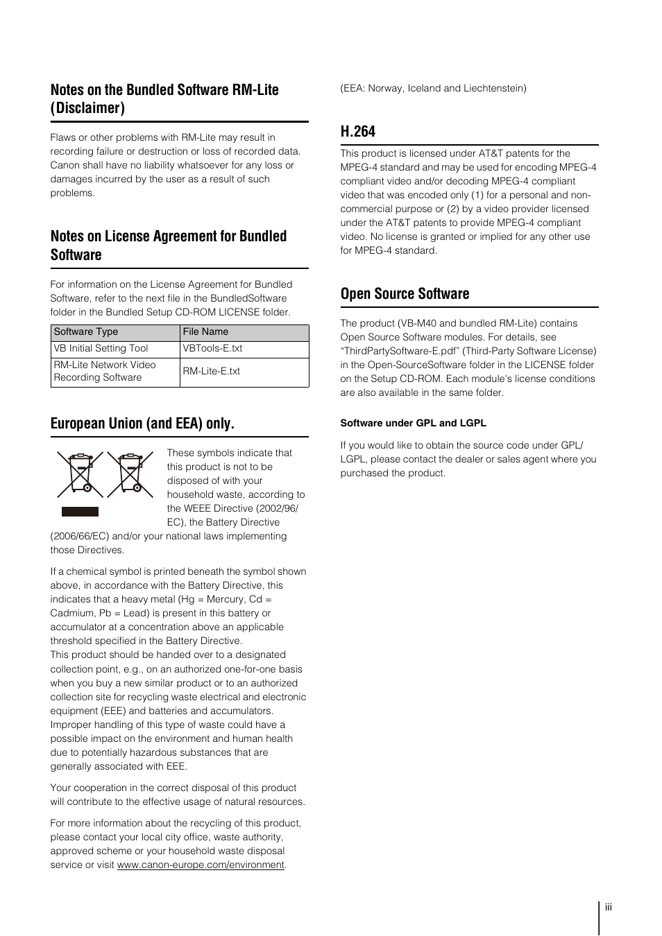 Notes on license agreement for bundled software, European union (and eea) only, H.264 | Open source software | Canon VB-M40 User Manual | Page 3 / 149