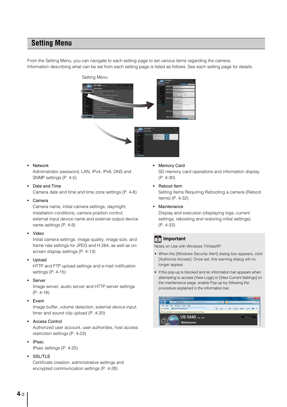 Setting menu, Setting menu -2 | Canon VB-M40 User Manual | Page 32 / 149