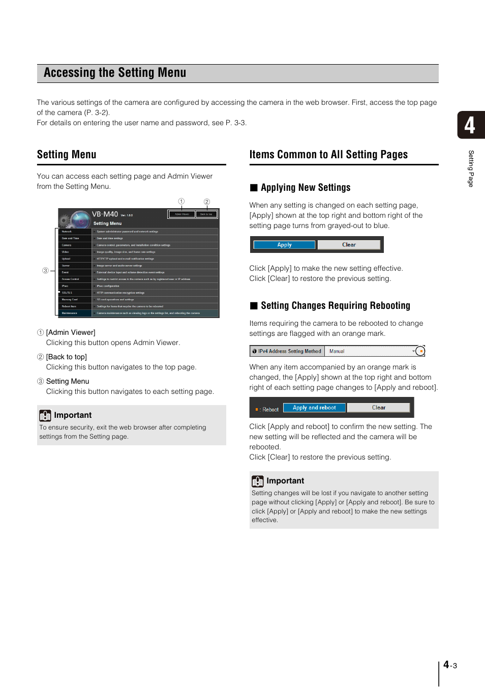 Accessing the setting menu, Setting menu, Accessing the setting menu -3 | Setting menu -3, Items common to all setting pages, Applying new settings, Setting changes requiring rebooting | Canon VB-M40 User Manual | Page 33 / 149