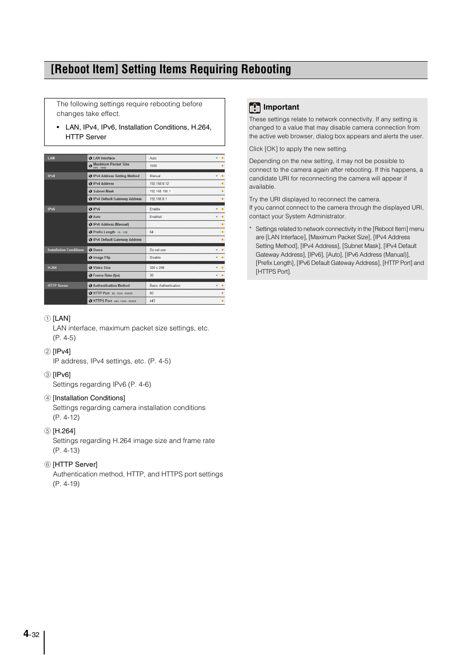 Reboot item] setting items requiring rebooting, Reboot item] setting items requiring rebooting -32, P. 4-32) | Reboot item] setting items requiring, Rebooting, In “[reboot item] setting items, Requiring rebooting” (p. 4-32), P. 4-32 | Canon VB-M40 User Manual | Page 62 / 149