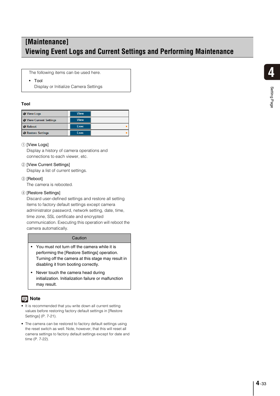 Performing maintenance -33, Maintenance” (p. 4-33, P. 4-33) | Canon VB-M40 User Manual | Page 63 / 149