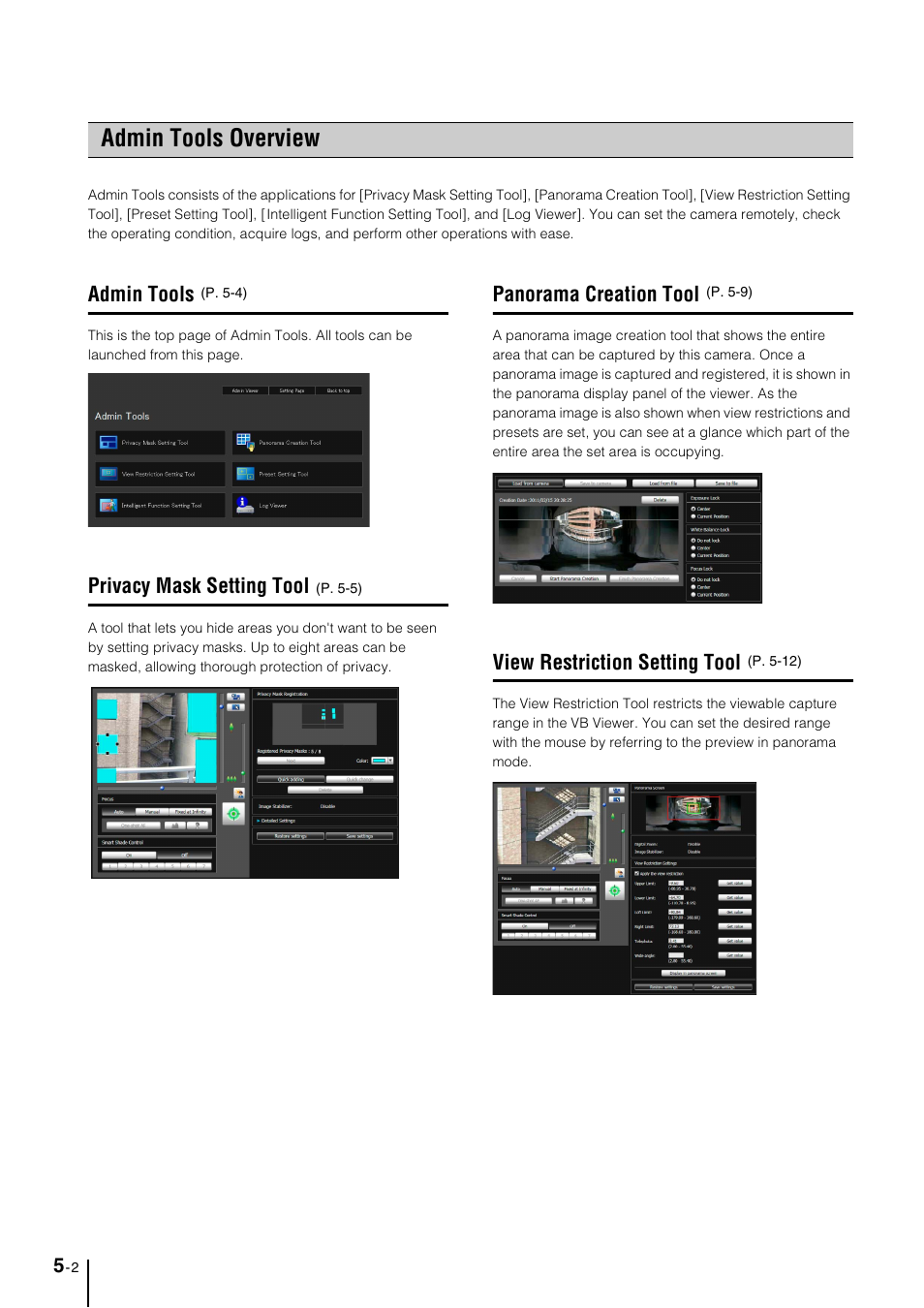 Admin tools overview, Admin tools, Privacy mask setting tool | Panorama creation tool, View restriction setting tool, Admin tools overview -2, Admin tools -2, Privacy mask setting tool -2, Panorama creation tool -2, View restriction setting tool -2 | Canon VB-M40 User Manual | Page 66 / 149