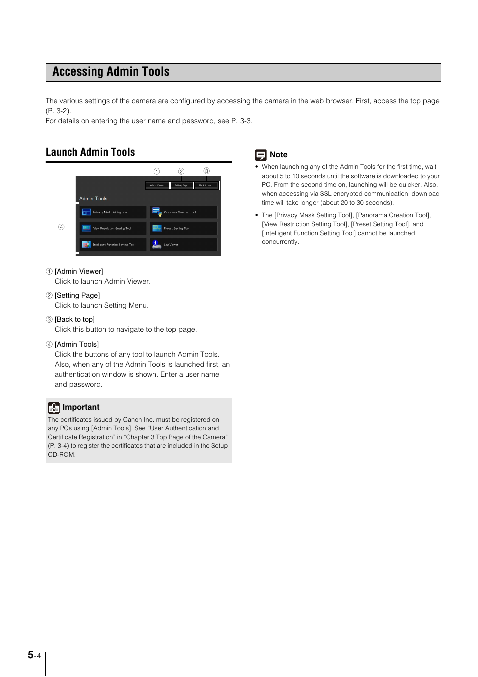 Accessing admin tools, Launch admin tools, Accessing admin tools -4 | Launch admin tools -4 | Canon VB-M40 User Manual | Page 68 / 149
