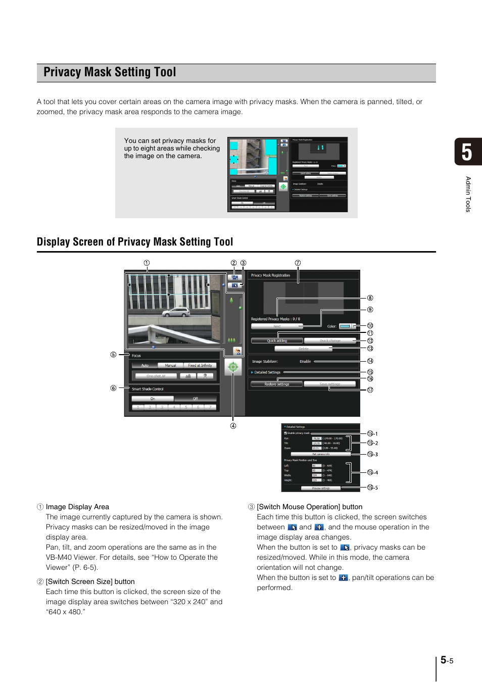 Privacy mask setting tool, Privacy mask setting tool -5, Display screen of privacy mask setting tool | Canon VB-M40 User Manual | Page 69 / 149