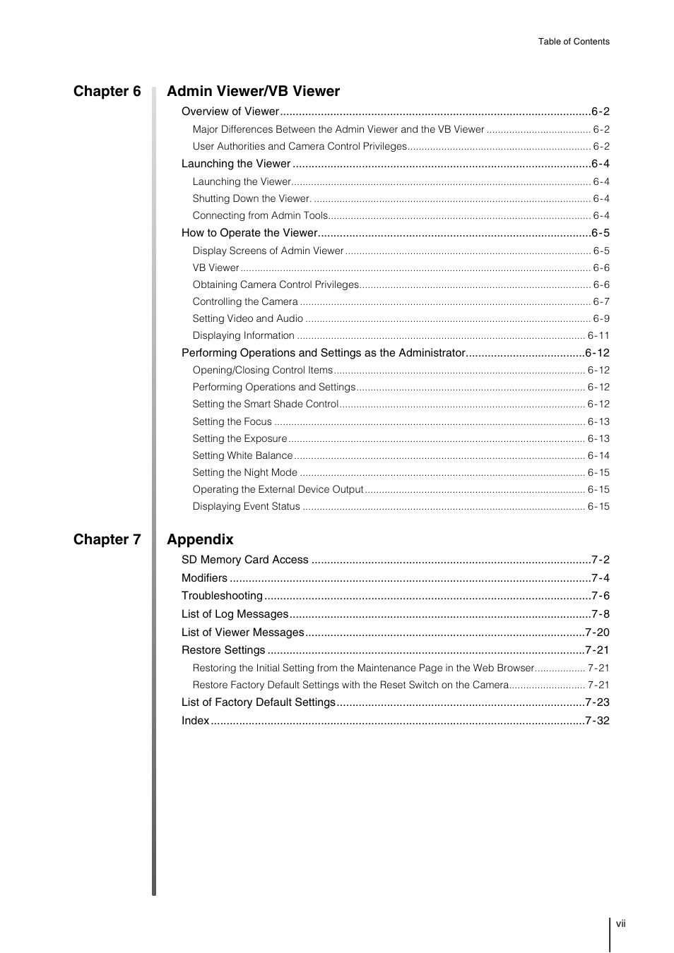 Chapter 6 admin viewer/vb viewer, Chapter 7 appendix | Canon VB-M40 User Manual | Page 7 / 149
